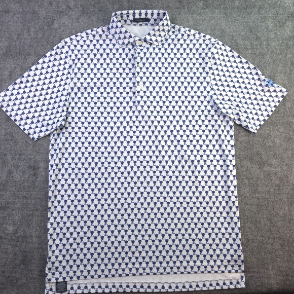 Turtleson Polo Medium White Blue Charcoal Grill Geometric Short Sleeve Golf - Picture 2 of 9